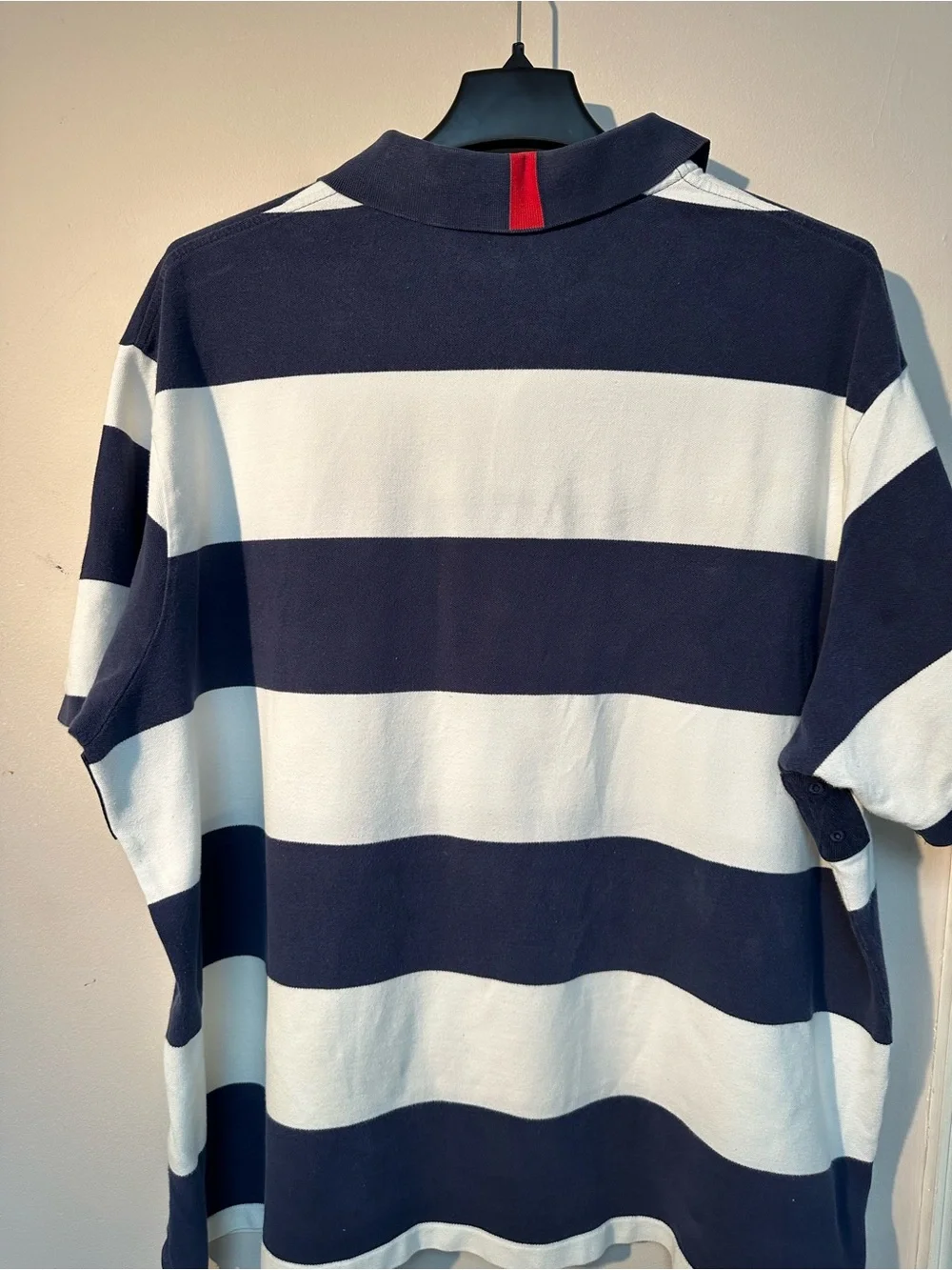 Ralph Lauren Navy and White Striped Rugby Style Polo with Red Pony US Flag